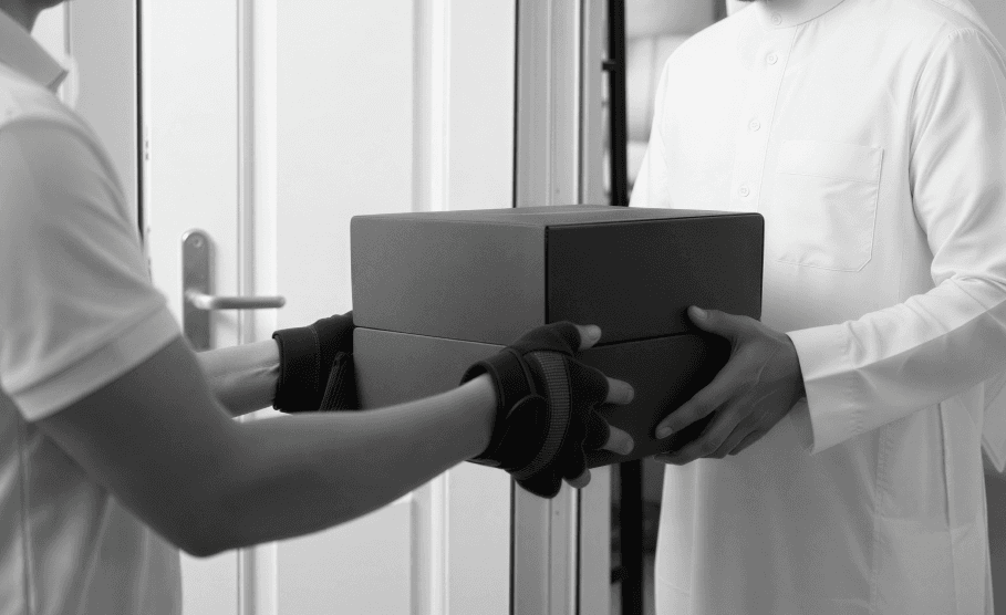 Delivery professional handing a package to a customer